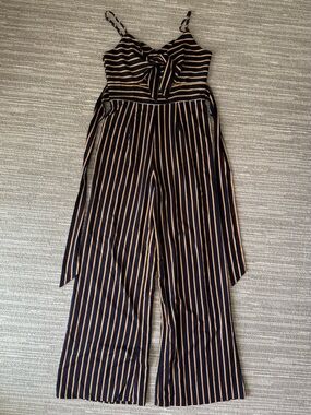 Striped Navy & Gold/yellow Wide-Leg Jumpsuit with Tie Front